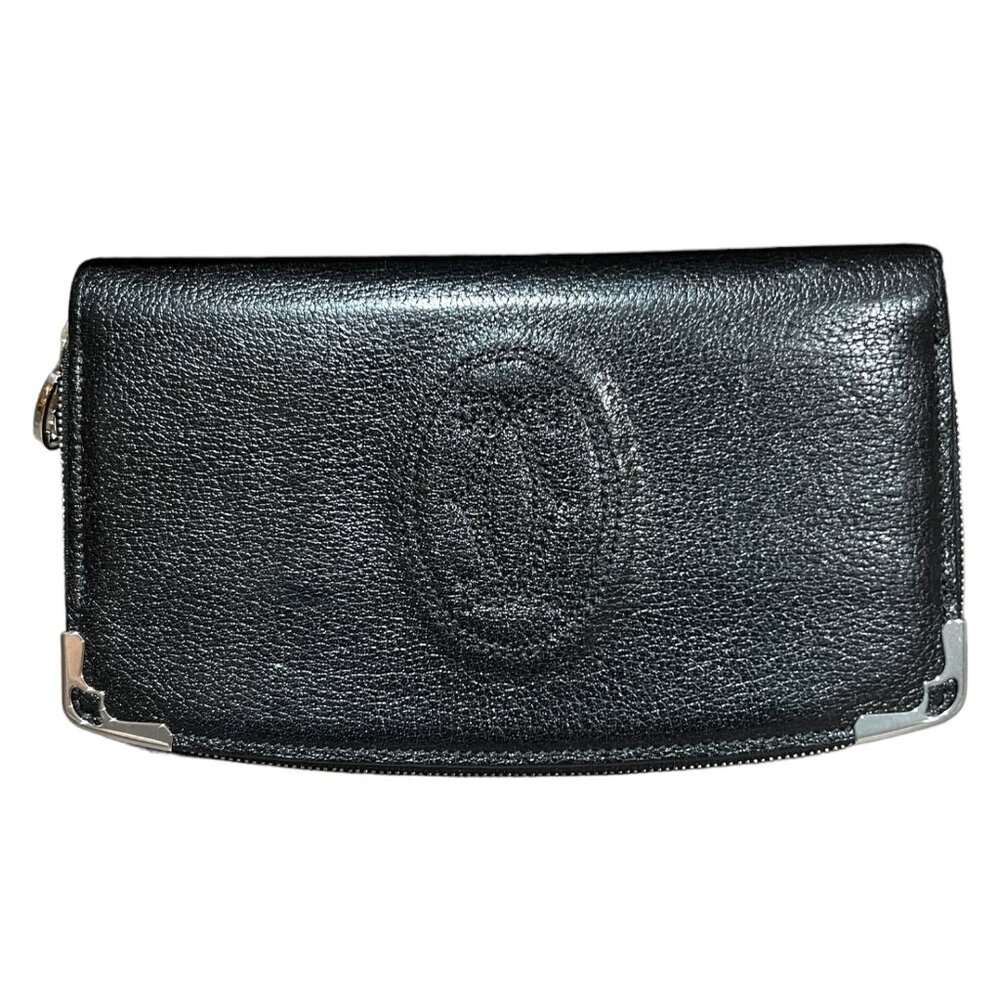 CARTIER: Black Leather Double C Logo Long Wallet #1306
